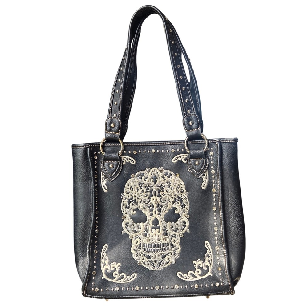 Montana West Black Sugar Skull Embroidered Concealed Carry Tote Bag Studded Lg